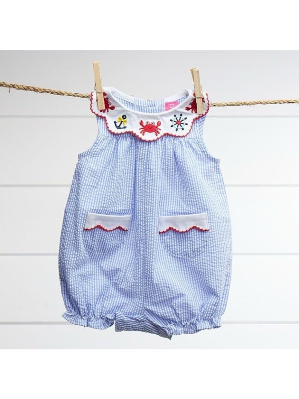 Good Lad 12 Month Blue White Striped Cotton Romper Crab Anchor Embroidered Beach